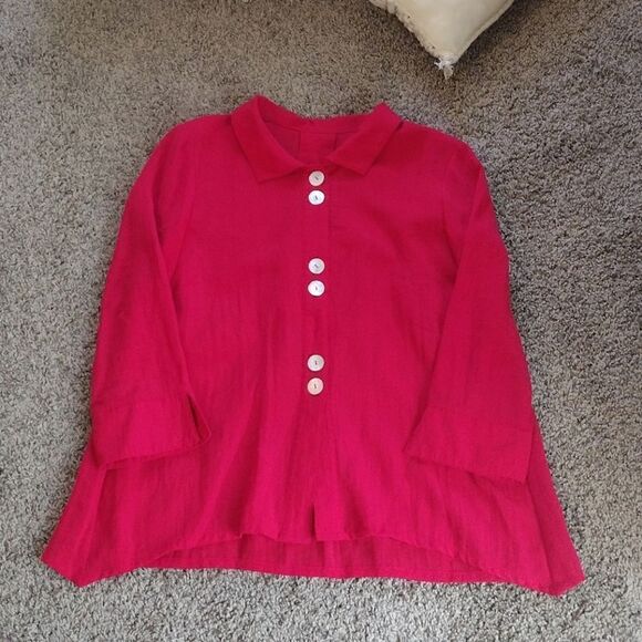 Fridaze Women's Size Small 100% Linen Solid Red Flowy Blouse Button up Top - Picture 3 of 11